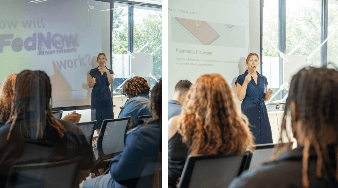 Collage of two photos of Jessica Washington, Payments Research at the Federal Reserve Bank of Atlanta, speaking about modern financial infrastructure and the future of digital payments.