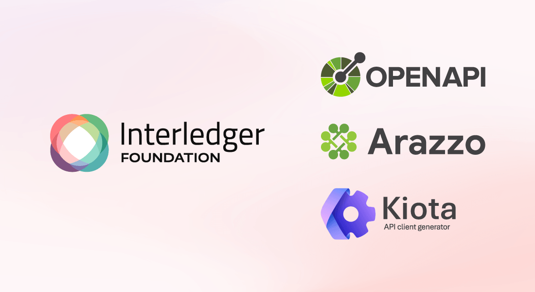 Interledger Foundation logo beside a vertical stack of the OpenAPI, Arazzo, and Kiota API client generator logos.