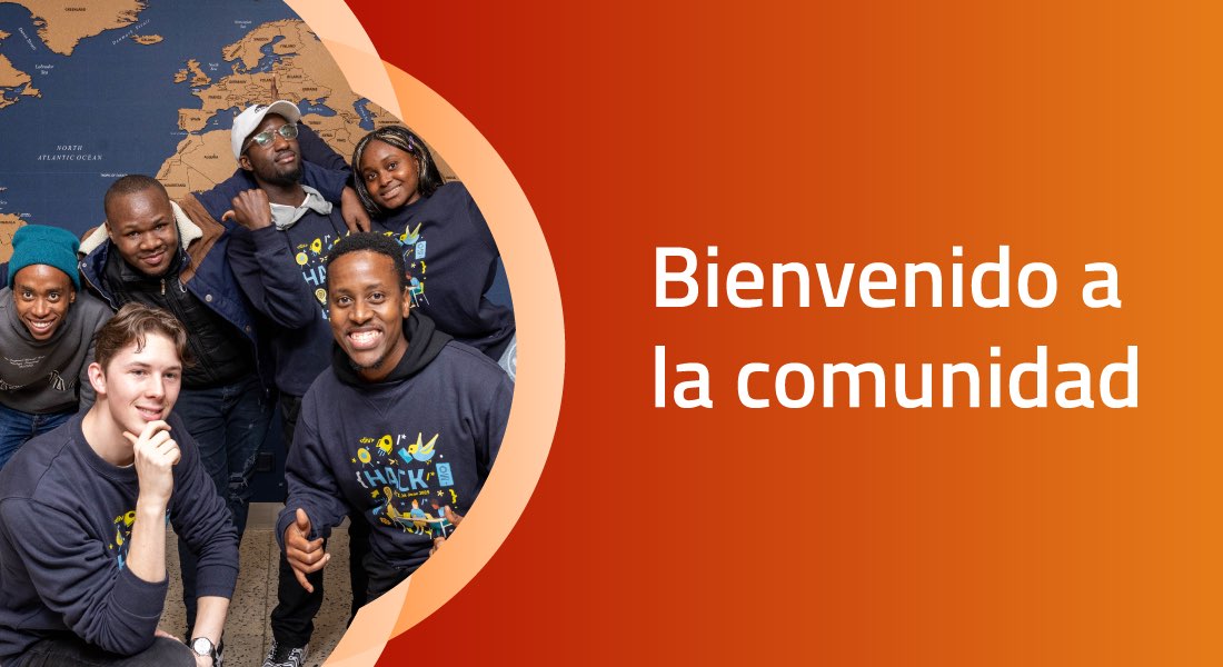 Seis personas posando juntas y sonriendo, con el texto "Bienvenido a la comunidad" junto a la imagen.